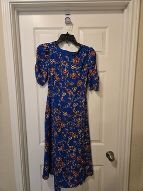Ivanka Trump Royal Blue Floral Midi Dress with Orange Accents